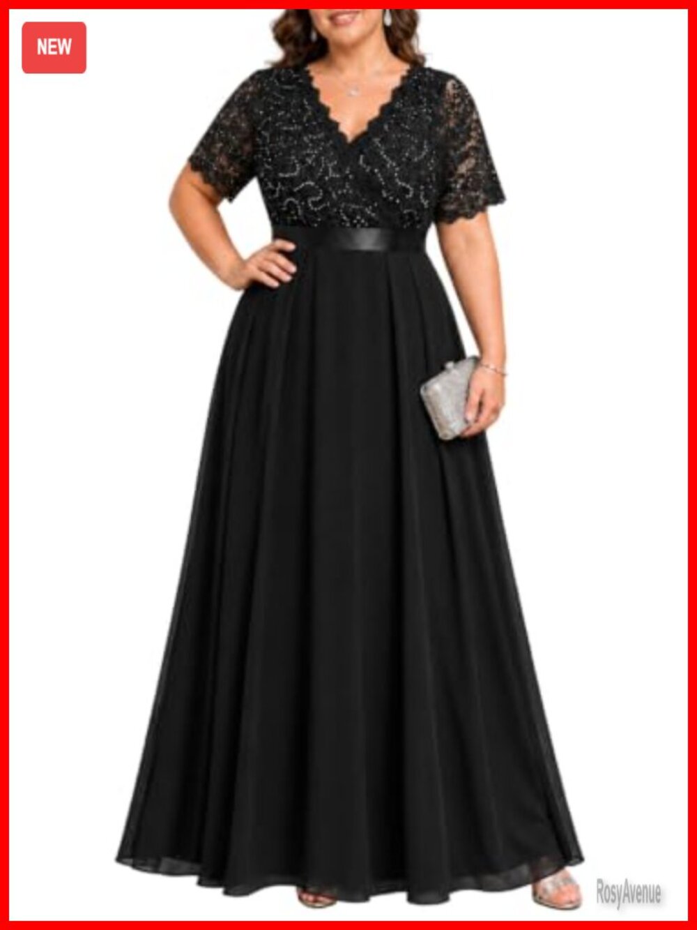 Plus Size Sequin Lace Bodice Formal Evening Gown Wedding Guest Dress